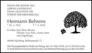 Traueranzeige von Hermann Behrens von Gesamtausgabe Nürnberger Nachrichten/ Nürnberger Ztg.