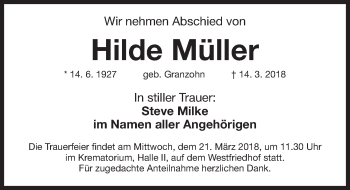 Traueranzeige von Hilde Müller von Gesamtausgabe Nürnberger Nachrichten/ Nürnberger Ztg.