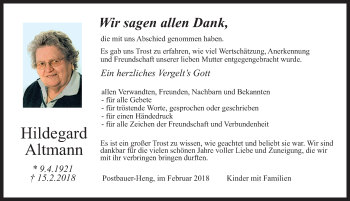 Traueranzeige von Hildegard Altmann von Neumarkter Nachrichten Lokal