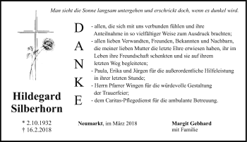 Traueranzeige von Hildegard Silberhorn von Neumarkter Nachrichten Lokal