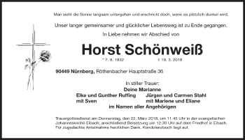 Traueranzeige von Horst Schönweiß von Gesamtausgabe Nürnberger Nachrichten/ Nürnberger Ztg.