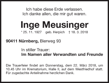 Traueranzeige von Inge Meusinger von Gesamtausgabe Nürnberger Nachrichten/ Nürnberger Ztg.