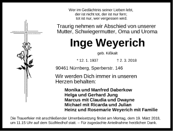 Traueranzeige von Inge Weyerich von Gesamtausgabe Nürnberger Nachrichten/ Nürnberger Ztg.