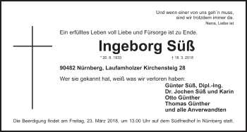 Traueranzeige von Ingeborg Süß von Gesamtausgabe Nürnberger Nachrichten/ Nürnberger Ztg.