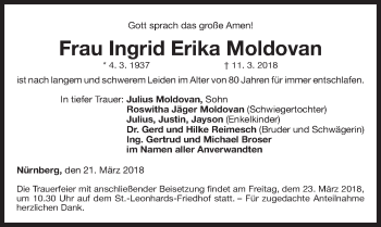 Traueranzeige von Ingrid Erika Moldovan von Gesamtausgabe Nürnberger Nachrichten/ Nürnberger Ztg.