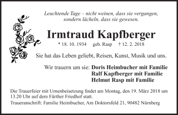 Traueranzeige von Irmtraud Kapfberger von Gesamtausgabe Nürnberger Nachrichten/ Nürnberger Ztg.