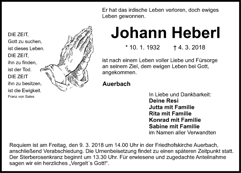  Traueranzeige für Johann Heberl vom 07.03.2018 aus Nordbayerische Nachrichten Pegnitz Lokal