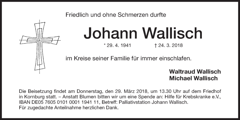  Traueranzeige für Johann Wallisch vom 27.03.2018 aus Gesamtausgabe Nürnberger Nachrichten/ Nürnberger Ztg.