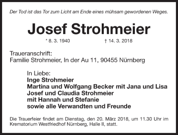 Traueranzeige von Josef Strohmeier von Gesamtausgabe Nürnberger Nachrichten/ Nürnberger Ztg.