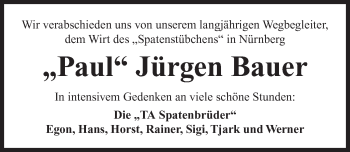Traueranzeige von Jürgen Bauer von Gesamtausgabe Nürnberger Nachrichten/ Nürnberger Ztg.
