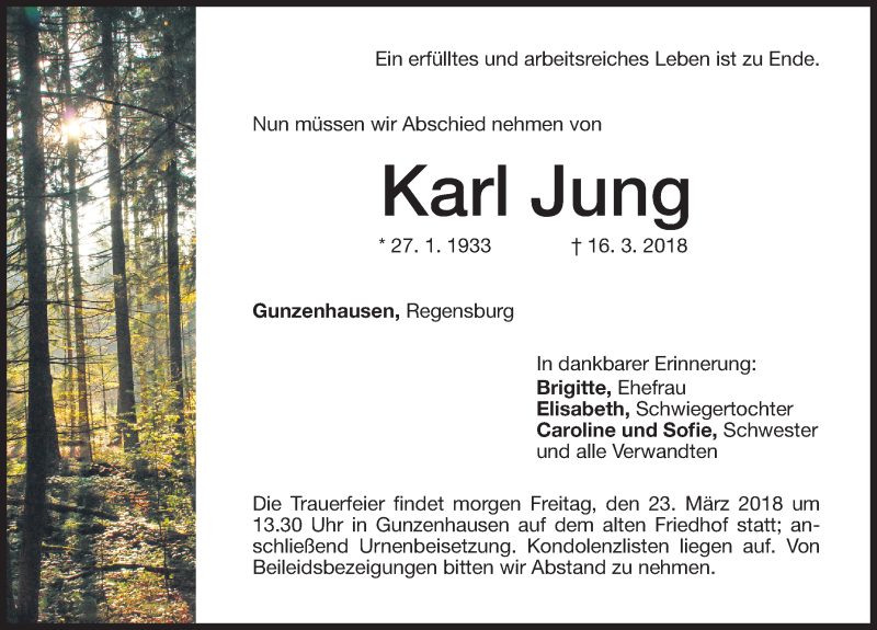  Traueranzeige für Karl Jung vom 22.03.2018 aus Altmühl-Bote Lokal