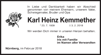 Traueranzeige von Karl Heinz Kemmether von Gesamtausgabe Nürnberger Nachrichten/ Nürnberger Ztg.