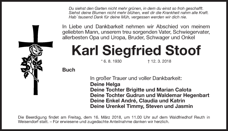  Traueranzeige für Karl Siegfried Stoof vom 15.03.2018 aus Erlanger Nachrichten Lokal