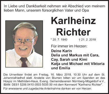Traueranzeige von Karlheinz Richter von Gesamtausgabe Nürnberger Nachrichten/ Nürnberger Ztg.