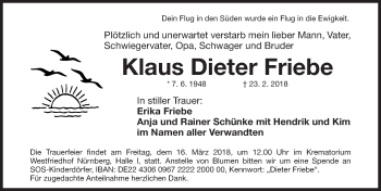 Traueranzeige von Klaus Dieter Friebe von Gesamtausgabe Nürnberger Nachrichten/ Nürnberger Ztg.