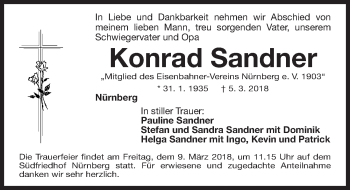 Traueranzeige von Konrad Sandner von Gesamtausgabe Nürnberger Nachrichten/ Nürnberger Ztg.