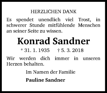 Traueranzeige von Konrad Sandner von Gesamtausgabe Nürnberger Nachrichten/ Nürnberger Ztg.