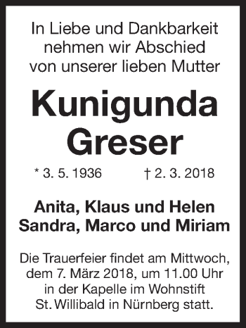 Traueranzeige von Kunigunda Greser von Gesamtausgabe Nürnberger Nachrichten/ Nürnberger Ztg.