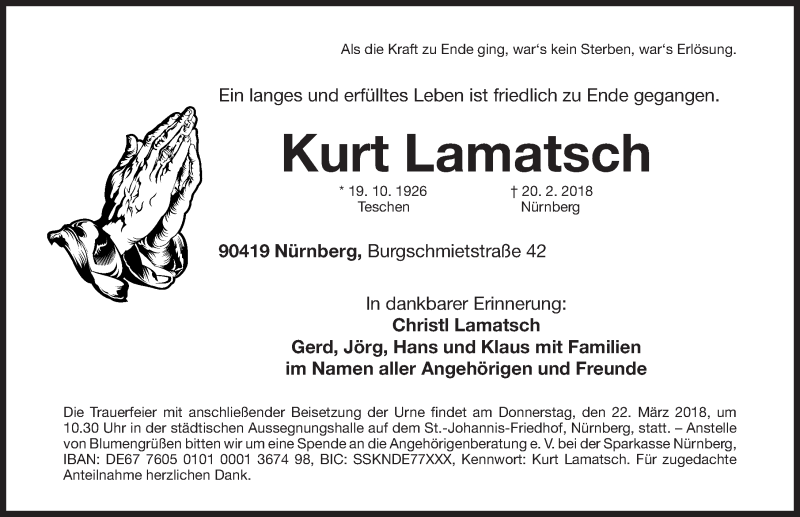  Traueranzeige für Kurt Lamatsch vom 10.03.2018 aus Gesamtausgabe Nürnberger Nachrichten/ Nürnberger Ztg.
