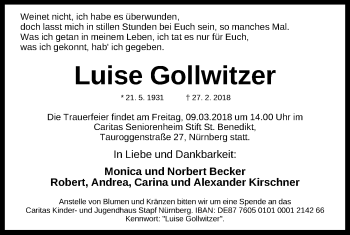 Traueranzeige von Luise Gollwitzer von Gesamtausgabe Nürnberger Nachrichten/ Nürnberger Ztg.