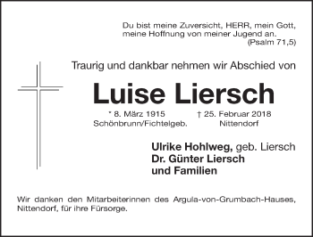 Traueranzeige von Luise Liersch von Fürther Nachrichten Lokal