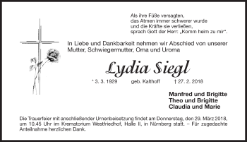 Traueranzeige von Lydia Siegl von Gesamtausgabe Nürnberger Nachrichten/ Nürnberger Ztg.