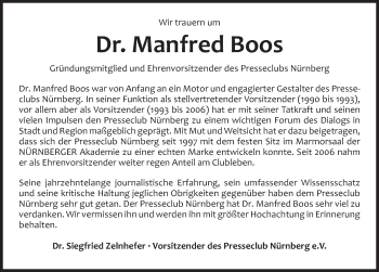 Traueranzeige von Manfred Boos von Gesamtausgabe Nürnberger Nachrichten/ Nürnberger Ztg.