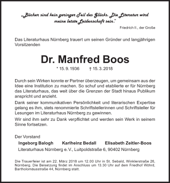 Traueranzeige von Manfred Boos von Gesamtausgabe Nürnberger Nachrichten/ Nürnberger Ztg.