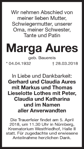 Traueranzeige von Marga Aures von Gesamtausgabe Nürnberger Nachrichten/ Nürnberger Ztg.