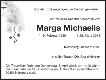 Traueranzeige von Marga Michaelis von Gesamtausgabe Nürnberger Nachrichten/ Nürnberger Ztg.