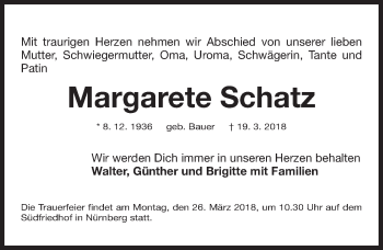 Traueranzeige von Margarete Schatz von Gesamtausgabe Nürnberger Nachrichten/ Nürnberger Ztg.