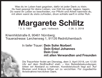 Traueranzeige von Margarete Schlitz von Gesamtausgabe Nürnberger Nachrichten/ Nürnberger Ztg.