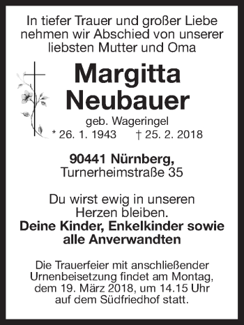 Traueranzeige von Margitta Neubauer von Gesamtausgabe Nürnberger Nachrichten/ Nürnberger Ztg.
