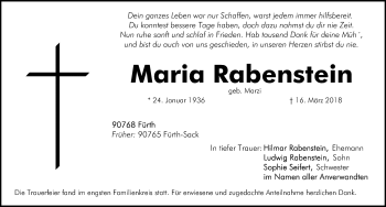 Traueranzeige von Maria Rabenstein von Fürther Nachrichten Lokal