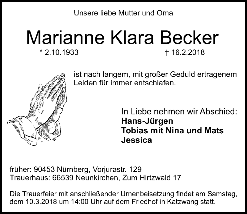  Traueranzeige für Marianne Klara Becker vom 03.03.2018 aus Gesamtausgabe Nürnberger Nachrichten/ Nürnberger Ztg.