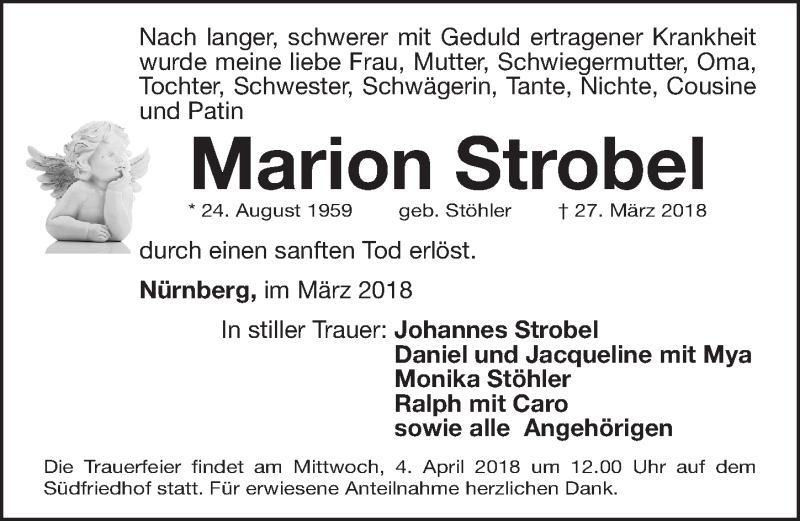  Traueranzeige für Marion Strobel vom 31.03.2018 aus Gesamtausgabe Nürnberger Nachrichten/ Nürnberger Ztg.