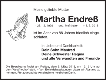 Traueranzeige von Martha Endreß von Gesamtausgabe Nürnberger Nachrichten/ Nürnberger Ztg.