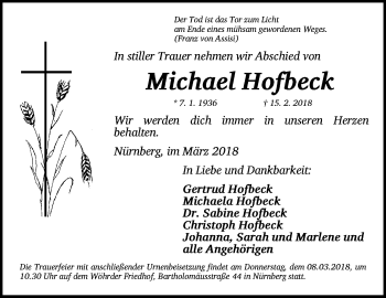 Traueranzeige von Michael Hofbeck von Gesamtausgabe Nürnberger Nachrichten/ Nürnberger Ztg.