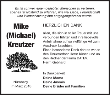 Traueranzeige von Mike Kreutzer von Gesamtausgabe Nürnberger Nachrichten/ Nürnberger Ztg.