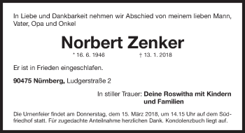 Traueranzeige von Norbert Zenker von Gesamtausgabe Nürnberger Nachrichten/ Nürnberger Ztg.