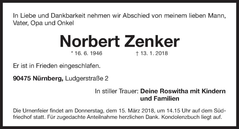  Traueranzeige für Norbert Zenker vom 10.03.2018 aus Gesamtausgabe Nürnberger Nachrichten/ Nürnberger Ztg.