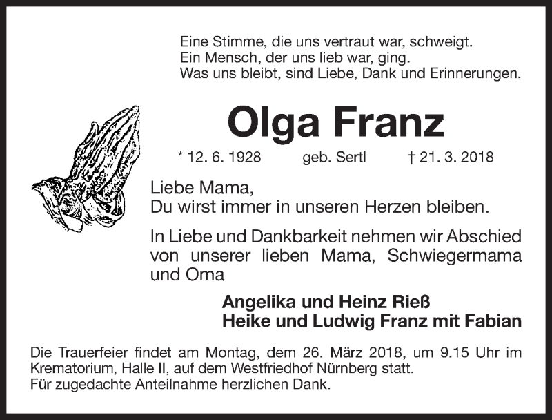  Traueranzeige für Olga Franz vom 24.03.2018 aus Gesamtausgabe Nürnberger Nachrichten/ Nürnberger Ztg.