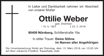 Traueranzeige von Ottilie Weber von Gesamtausgabe Nürnberger Nachrichten/ Nürnberger Ztg.