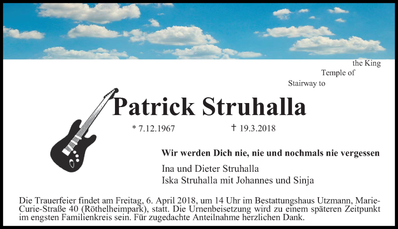  Traueranzeige für Patrick Struhalla vom 31.03.2018 aus Erlanger Nachrichten Lokal