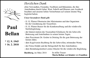 Traueranzeige von Paul Bellan von Neumarkter Nachrichten Lokal