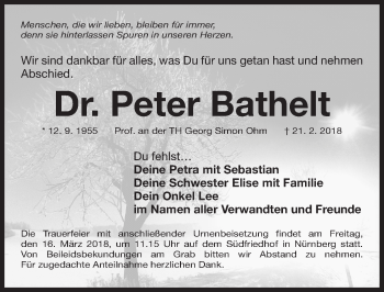 Traueranzeige von Peter Bathelt von Gesamtausgabe Nürnberger Nachrichten/ Nürnberger Ztg.