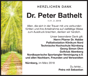 Traueranzeige von Peter Bathelt von Gesamtausgabe Nürnberger Nachrichten/ Nürnberger Ztg.