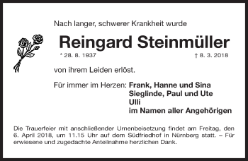 Traueranzeige von Reingard Steinmüller von Gesamtausgabe Nürnberger Nachrichten/ Nürnberger Ztg.
