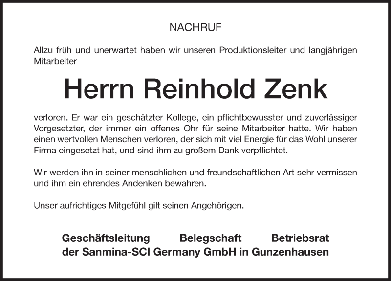  Traueranzeige für Reinhold Zenk vom 07.03.2018 aus Altmühl-Bote Lokal