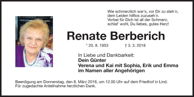  Traueranzeige für Renate Berberich vom 06.03.2018 aus Gesamtausgabe Nürnberger Nachrichten/ Nürnberger Ztg.